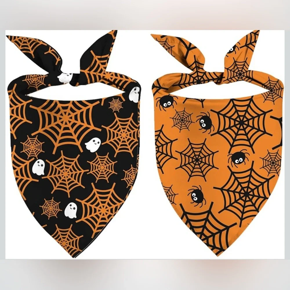 NWT Halloween Dog‎ Bandanas – Ghost & Spider Web Pet Scarves, 2 Pack
